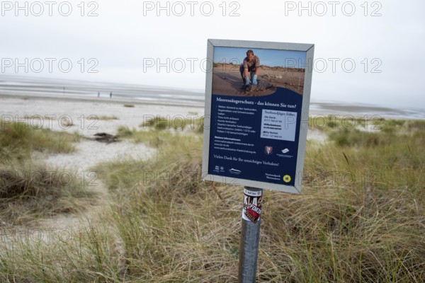 A sign on the beach on the island of Föhr provides information about marine mammal protection in