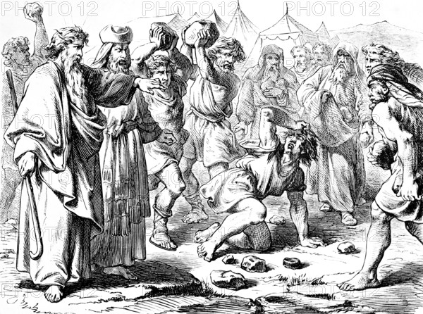 Stoning of the blasphemer, God, throw stones, kill, group, law, foreigner, native, slain, cattle,