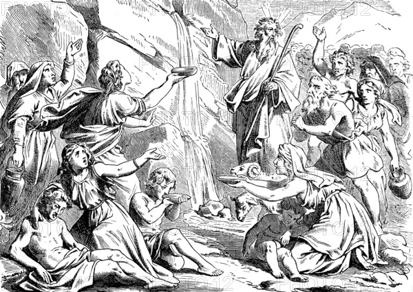 The children of Israel drink water from a rock, Moses strikes staff on rock face, thirst, dying of