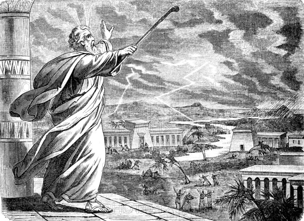 The Lord brought thunder, lightning and hail over the land of Egypt, God, temple, Nile, palm trees,