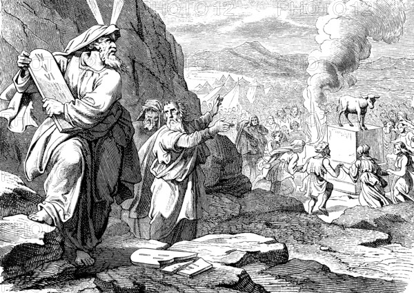 Moses breaks the tablets of the law at the sight of the Golden Calf, Mount Sinai, tablet, laws,