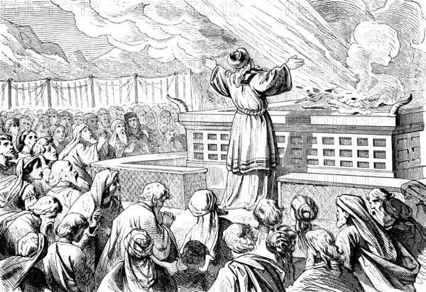 Aaron's first sacrifice is ignited by fire from heaven, sanctuary, smoke, God, people, ceremony,