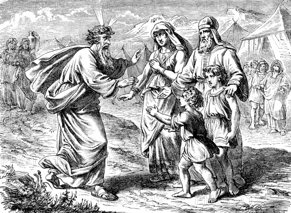 Jethro unites Moses with his woman and children, union, family, meeting, camp, joy, mountain of