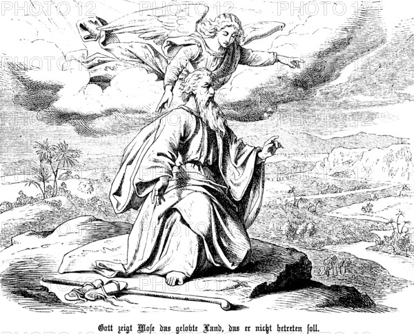 God shows Moses the Promised Land, which he is not to enter, a land flowing with milk and honey,