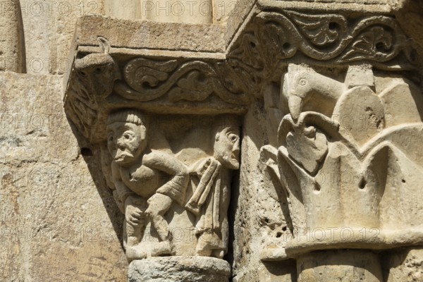 Porch sculptures of the romanesque church of Mailhat, Puy de Dome department, Auvergne-Rhone-Alpes,