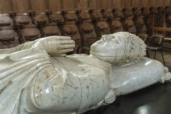 Pope Clement VI tomb inside Saint Robert abbey. La Chaise Dieu. Haute Loire department.