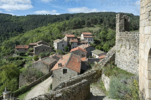 Saint Andre de Chalencon village. View on Chalencon village. Haute Loire. Auvergne Rhone Alpes.