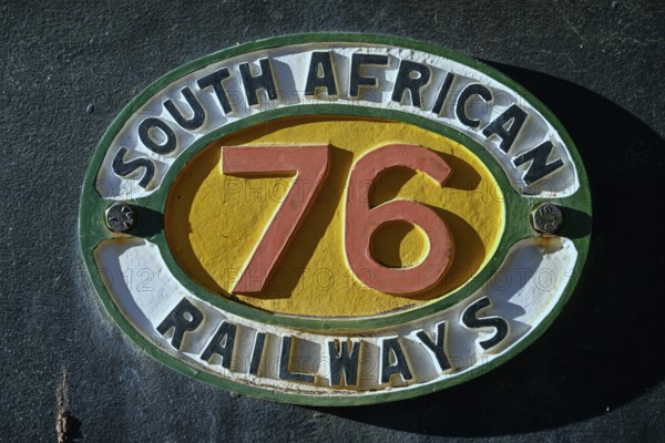 Plaque South African Railways on the historic steam locomotive no. 41 from 1912, manufacturer