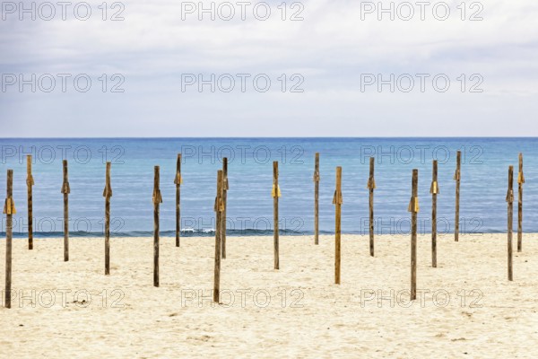 Sandy beach by the Mediterranean Sea with wooden poles for parasols and a seascape view to the