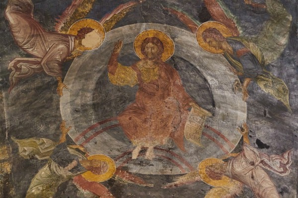 Pantanassa Monastery from the 15th century AD, Jesus in a fresco surrounded by angels on a circular
