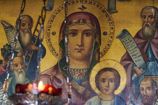 Pantanassa Monastery from the 15th century AD, Holy Icon of Mary with baby Jesus in the light of a