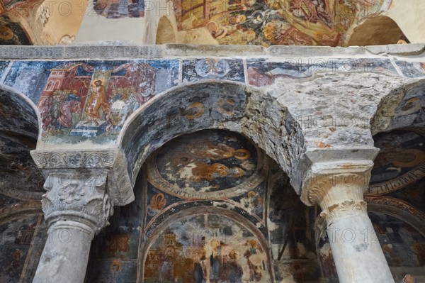 Pantanassa Monastery from the 15th century AD, Painted church columns and ceiling frescoes bear