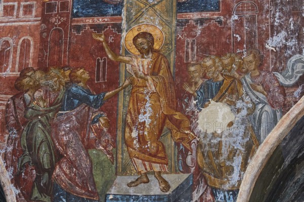 Pantanassa Monastery from the 15th century AD, Jesus and apostles in the resurrection scene of a
