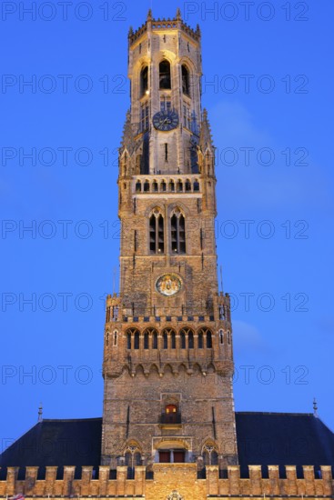 Illuminated Belfry of Bruges in the evening light, Belfort on the Grote Markt, Market Square,