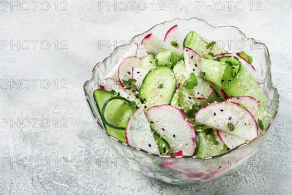 Crisp cucumber and thinly sliced radishes are mixed with fresh herbs in a decorative bowl. The dish