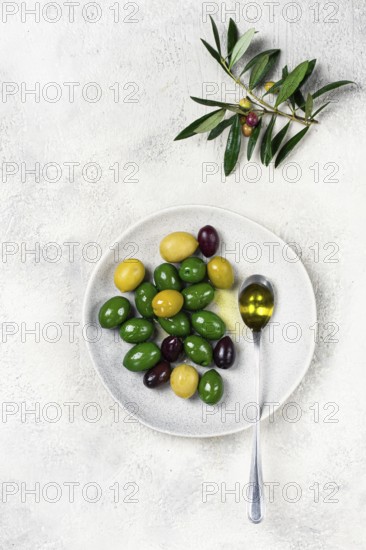 A mix of olives, a variety of Chalkidiki, verdi giganti and Kalamata, on a plate with a spoonful of