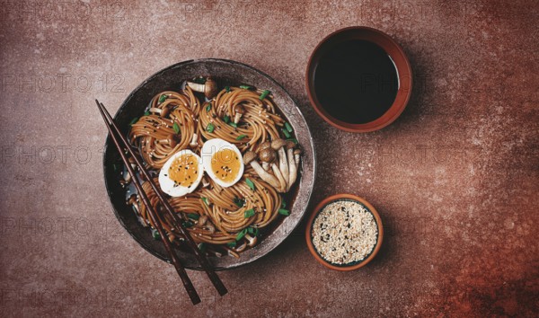 Buckwheat noodles, soba, with shimeji mushrooms, boiled egg, green onion, sesame seeds, homemade,