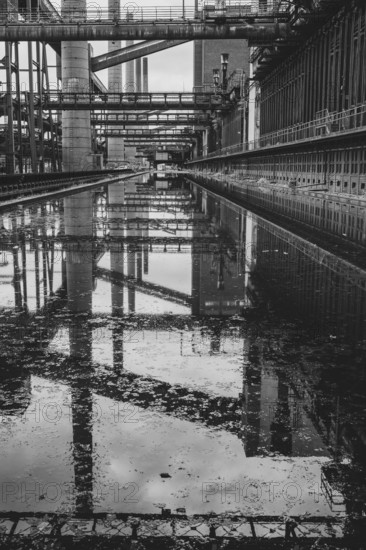 Zollverein coking plant, coke oven batteries, belt bridges and chimneys are reflected, water basin,