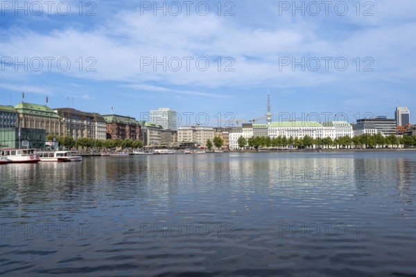 View over the Inner Alster to prestigious office blocks, hotels and commercial buildings and