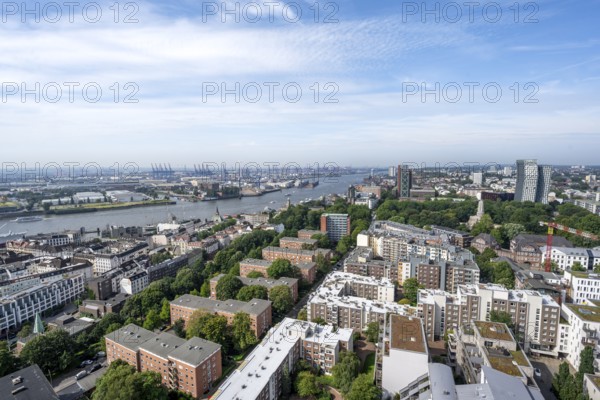 City view, view of the Elbe with Hamburg harbour and skyscraper Dancing Towers, from the tower of