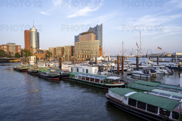 Boats in the City Sports Harbour on the Elbe, in the background Speicherstadt with Elbphilharmonie