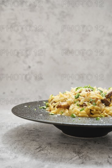 A delicious serving of risoni pasta on a black plate, topped with porcini mushrooms and sprinkled