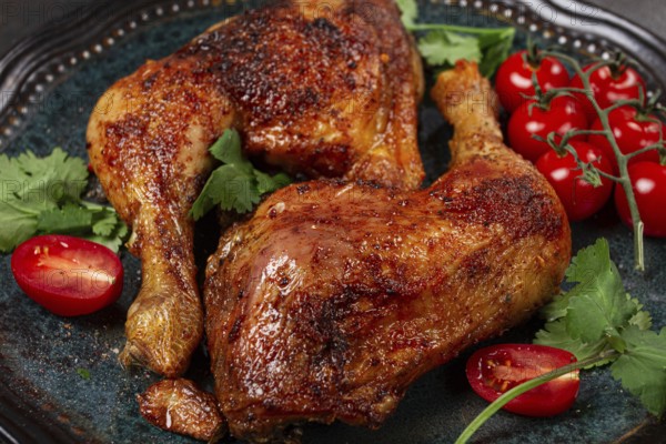 Grilled fried chicken legs, served with fresh cherry tomatoes and herbs, on a plate, homemade, no