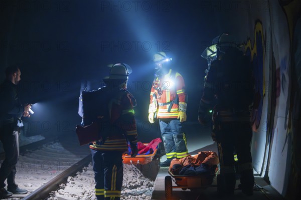 Group of firefighters ready for action on railway tracks at night, firefighting exercise in the new