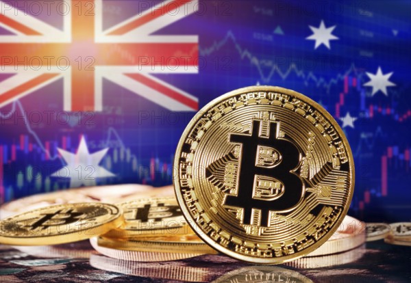 Bitcoin with Australia flag in the background. Investors in cryptocurrency and Blockchain