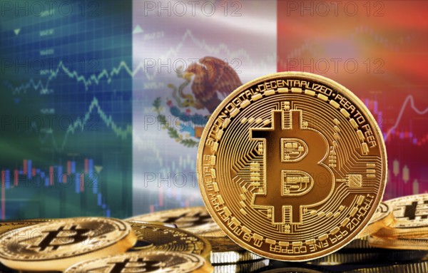 Investors in cryptocurrency and Blockchain Technology in Mexico, Concept. Bitcoin with Mexico flag