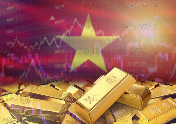 Gold bars on Vietnam flag in background. Gold bars stacked on Vietnamese flag. Concept of Vietnam