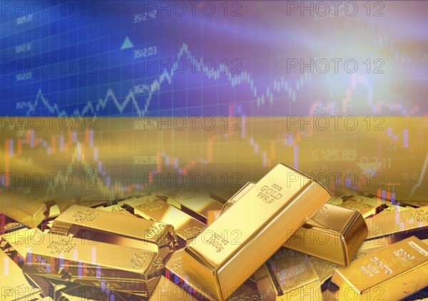 Gold bars on Ukraine flag in background. Gold bars stacked on Ukrainian flag. Concept of Ukraine