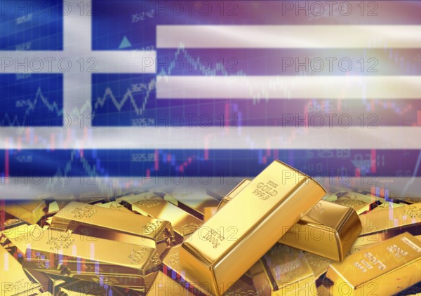 Gold bars on Greece flag in background. Gold bars stacked on Greek flag. Concept of Greece gold