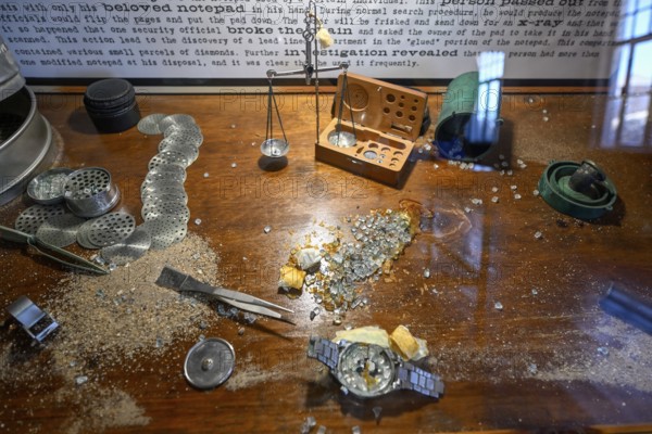 Watch prepared for diamond smuggling in an exhibition in the former casino, Kolmanskop, restricted