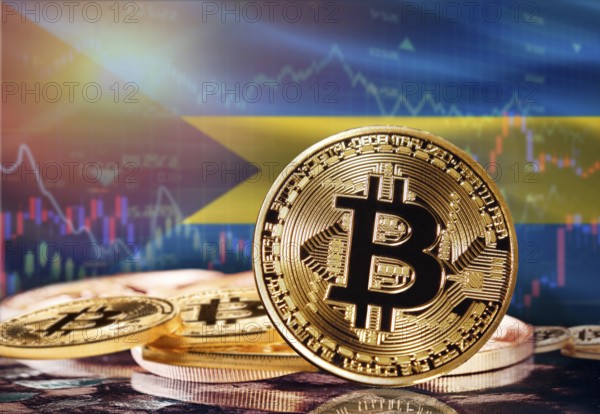 Bitcoin with Bahamas flag in the background. Investors in cryptocurrency and Blockchain Technology