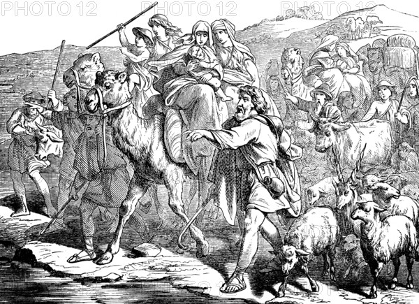 Jacob flees with his woman and child from Laban the babbler, group, migration, camels, riding,