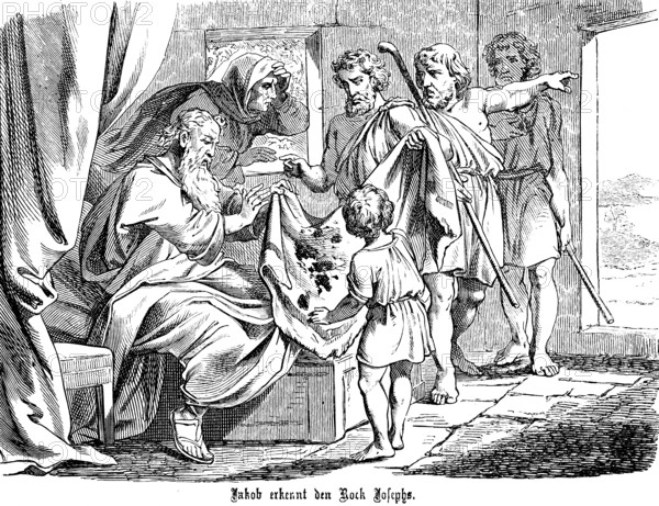 Jacob recognises the bloody skirt of Joseph, blood, deception, sons, report, lie, alleged death of