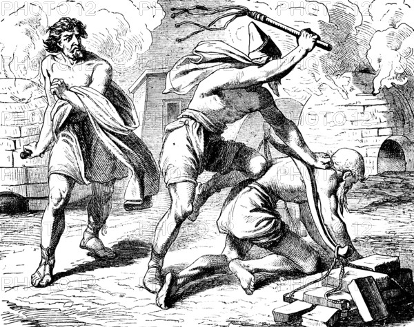 Moses slays the Egyptian taskmaster who tortured his brothers, murder, slain, whip, stone oven,