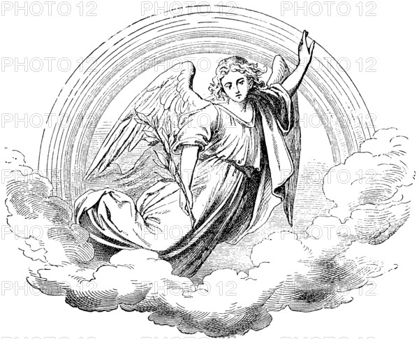 Symbolic image of the death of Joseph, Joseph, God in heaven, olive branch, rainbow, clouds, second