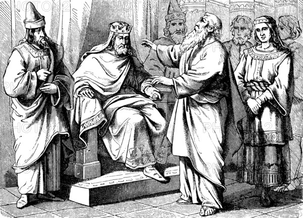 In Egypt, Joseph blesses Pharaoh, Joseph's father Jacob, Joseph, blessing, group, throne, crown,