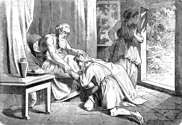 Isaac blesses Jacob, Esau in the background, deception, deceit, false voice, hand, lie, son,