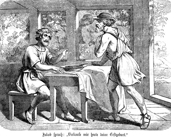 Jacob speaks to Esau, sell me your firstborn, die, birthright, old man, child, trade, table,