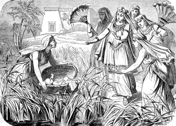 Pharaoh's daughter finds the child in the reed, virgins as companions, child is called Moses,