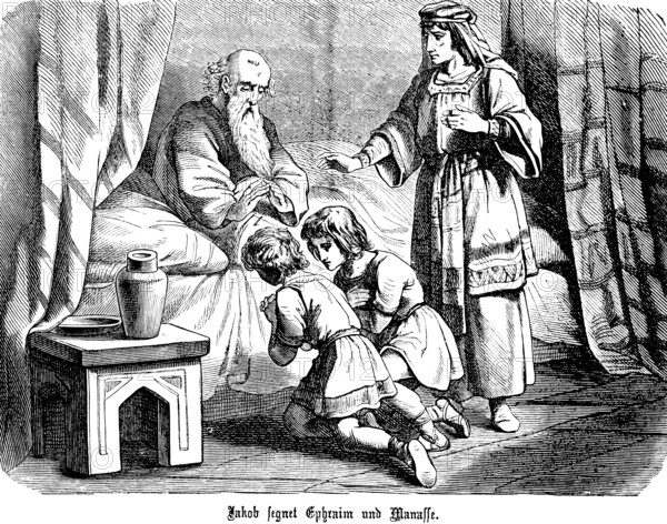 Jacob blesses Ephraim and Manses, Christian blessing, God, praying, kneeling, room, bed, children,