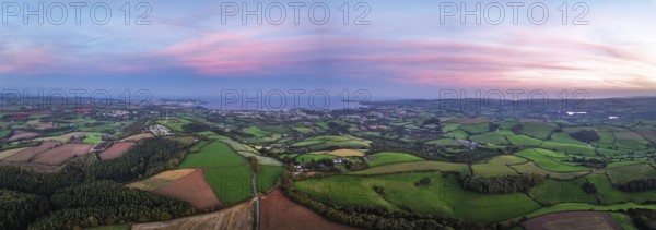 Twilight Sky of Torbay farms and fields from a drone, Totnes, Berry Pomeroy, Devon, England, United