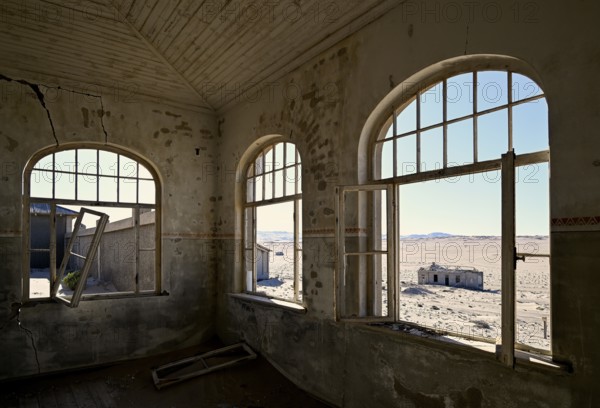 View into the desert from a former dwelling house, Kolmanskuppe, near Lüderitz, Karas Region,