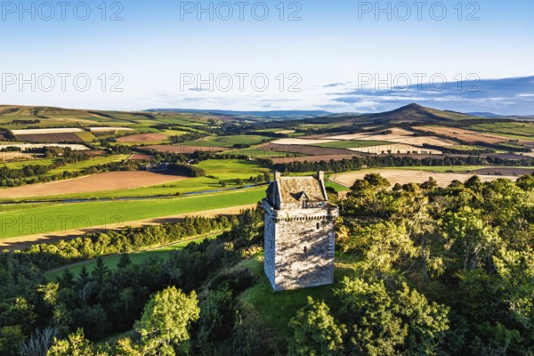 Fatlips Castle from a drone, Minto Crags, River Teviot, Roxburghshire, Scottish Borders, Scotland,