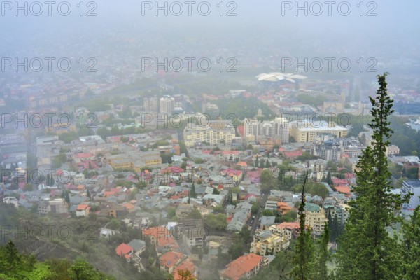 View of a city blanketed in fog with buildings and greenery in the foreground. Various buildings