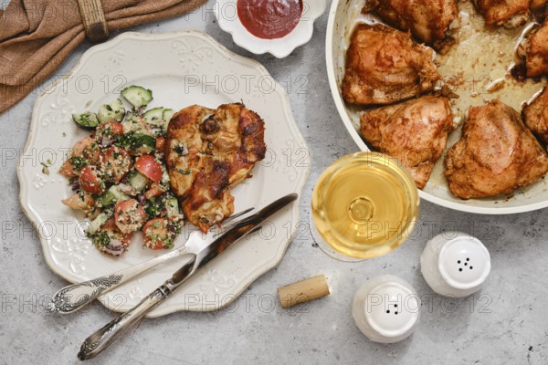 Juicy grilled chicken on a plate beside a vibrant salad made of cucumbers and tomatoes, enhanced