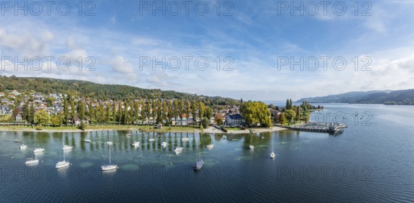 Aerial view, panorama of the village of Wangen on the Höri peninsula with boat moorings and jetty